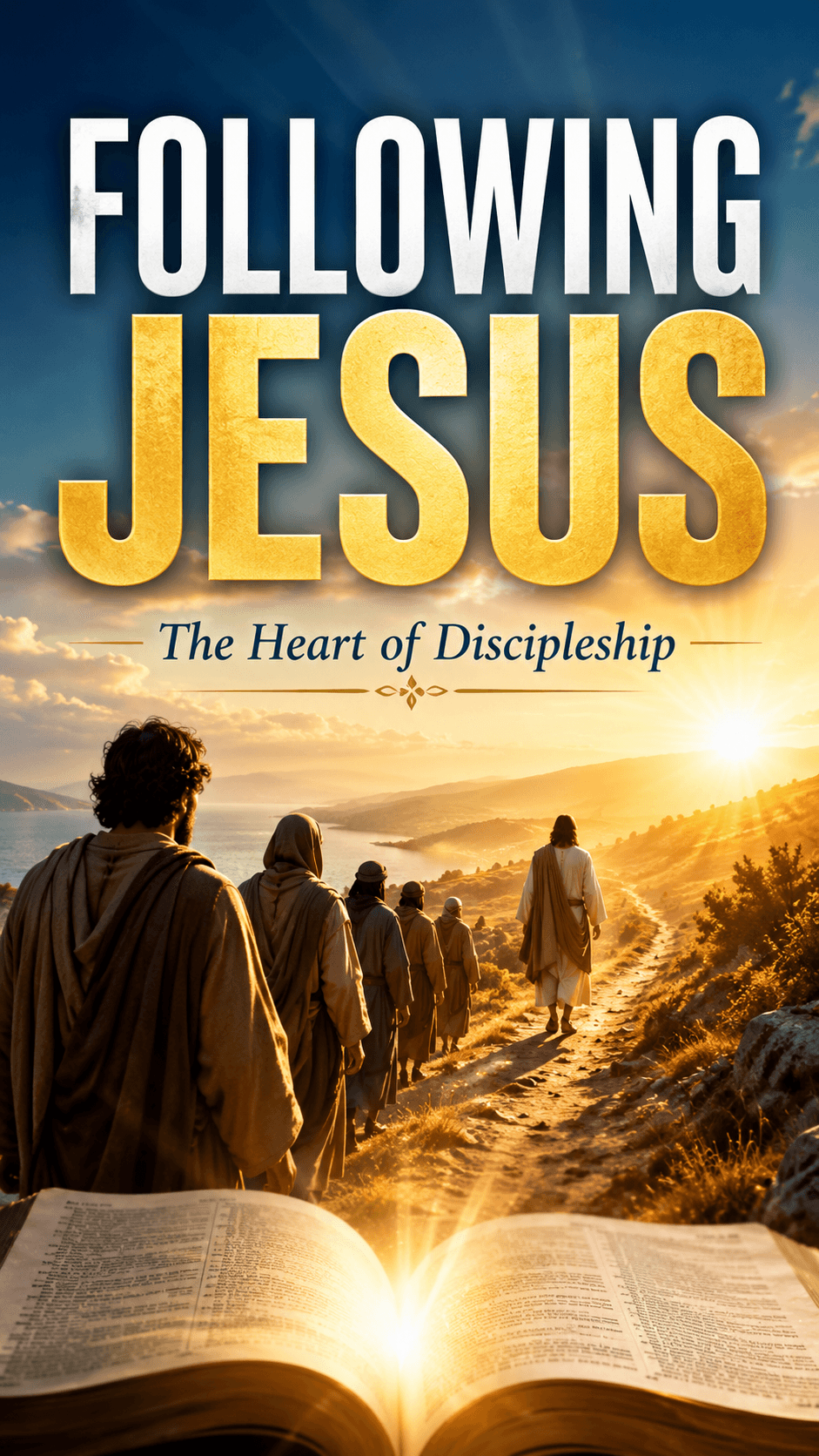 A vertical image showing Jesus walking along a sunlit path while several disciples follow behind Him. An open Bible glows in the foreground beneath the title, “Following Jesus: The Heart of Discipleship.”
